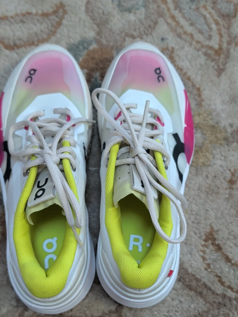 On Cloud The Roger Pro 2 White Athletic Sneakers with Lime & Pink Accents